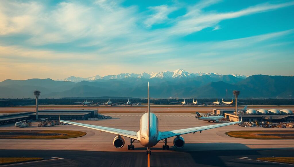 A breathtaking aerial view of a bustling international airport, the towering terminals and runways stretching out beneath a vast, azure sky. In the foreground, a sleek passenger jet, its engines roaring, prepares for takeoff, while in the middle ground, a procession of smaller planes taxi along the tarmac. The background is dominated by the majestic peaks of the Rila Mountains, their snow-capped summits glittering in the warm, golden light of the sun. This high-resolution, cinematic image, captured with the precision of the latest iPhone 16 Pro Max camera, conveys the excitement and anticipation of a journey to Bulgaria, where the duration of the flight is the focus of attention. A breathtaking aerial view of a bustling international airport, the towering terminals and runways stretching out beneath a vast, azure sky. In the foreground, a sleek passenger jet, its engines roaring, prepares for takeoff, while in the middle ground, a procession of smaller planes taxi along the tarmac. The background is dominated by the majestic peaks of the Rila Mountains, their snow-capped summits glittering in the warm, golden light of the sun. This high-resolution, cinematic image, captured with the precision of the latest iPhone 16 Pro Max camera, conveys the excitement and anticipation of a journey to Bulgaria, where the duration of the flight is the focus of attention.