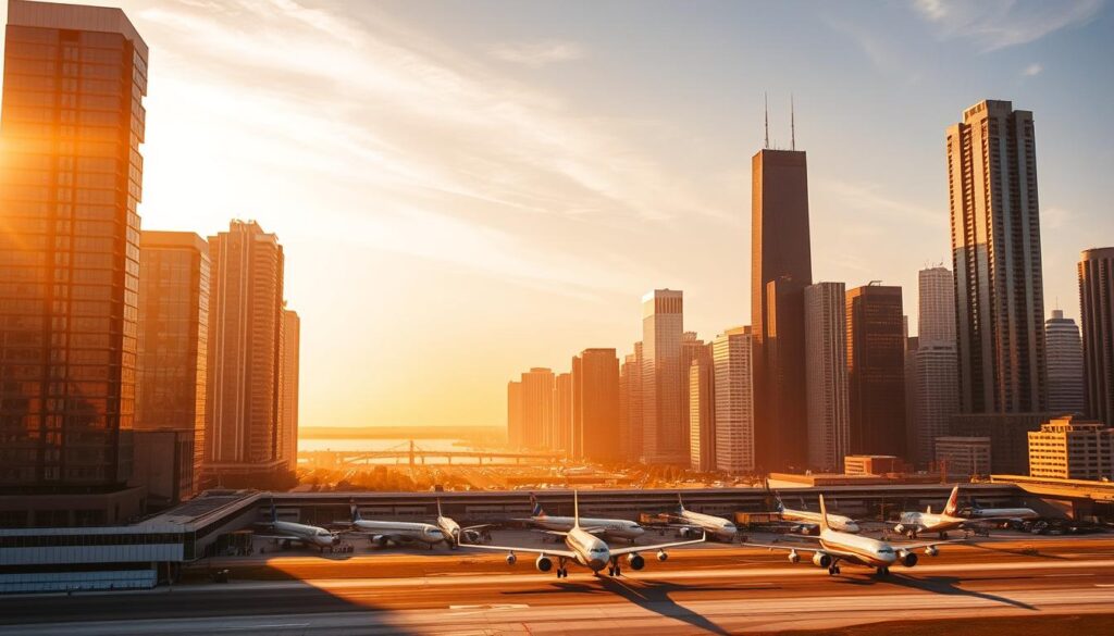 A bustling cityscape at golden hour, captured through the lens of an iPhone 16 Pro Max. Towering skyscrapers reach towards the vibrant, hazy sky, their reflections shimmering in the waters of Lake Michigan below. In the foreground, a busy airport runway, planes taking off and landing, their contrails etching the atmosphere. The scene is saturated with warm, golden light, creating a sense of energy and anticipation. The composition is balanced, with the urban landscape and aviation activity creating a harmonious interplay. The level of detail and realism should be photographic, inviting the viewer to feel immersed in the dynamic, fast-paced scene of "Ile trwa lot do chicago".
