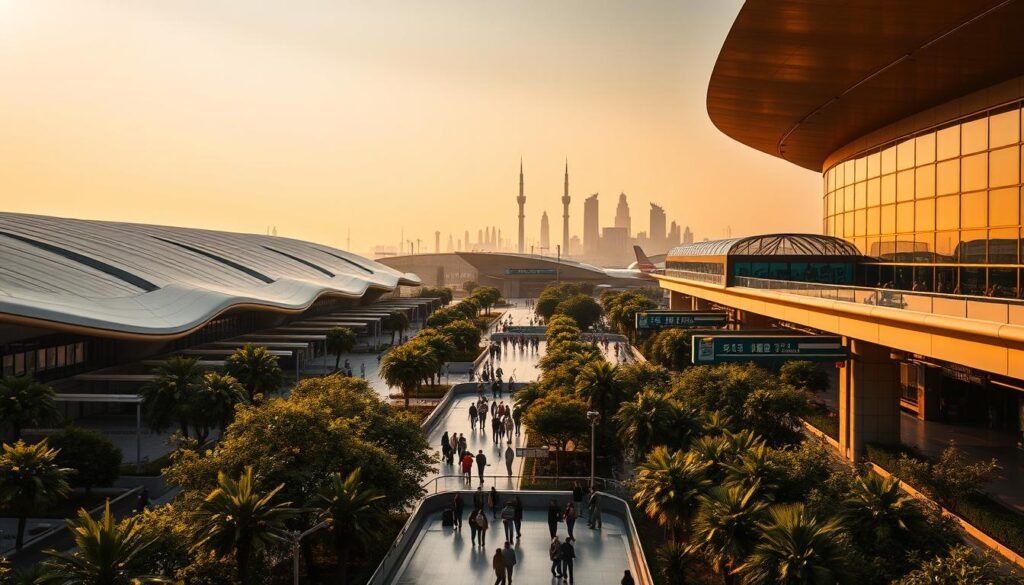 A bustling international airport, its sleek terminals bathed in warm, golden light. In the foreground, a seamless blend of modern architecture and lush greenery, creating a serene and inviting atmosphere. In the middle ground, passengers hurry through the concourses, their silhouettes captured in a crisp, cinematic style. The background showcases the iconic skyline of Delhi, its towering structures reaching towards the vibrant, hazy sky. This real photography shot by iPhone 16 Pro Max captures the essence of the journey, the anticipation, and the vibrant energy of travel to this dynamic city.