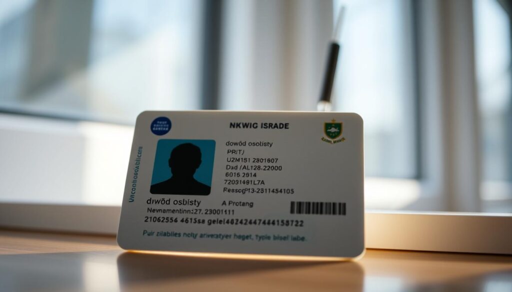 A high-quality, meticulously detailed photograph of a modern personal identification document, commonly known as an "ID card" or "dowód osobisty" in Polish. The document is centered in the frame, illuminated by soft, natural lighting from a nearby window, capturing its intricate design and precise dimensions. The background is slightly blurred, creating a sense of depth and focus on the ID card. The image conveys a sense of authority, reliability, and official documentation, suitable for illustrating a section about entering Albania with this type of identification.