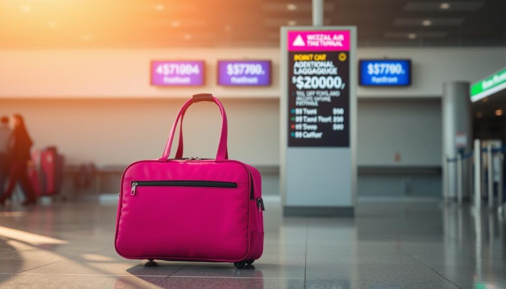 A high-quality photograph captured on an iPhone 16 Pro Max showcases a Wizz Air cabin bag and its associated pricing details. The bag sits prominently in the foreground, its sleek design and vibrant color contrasting against a soft, out-of-focus background. Subtle lighting from the side casts a warm, natural glow, highlighting the texture of the bag's material. The midground features a series of digital displays or signage, providing clear and legible information about the cost of additional baggage. The background maintains a sense of depth, hinting at the airport environment without distracting from the main subject. The overall composition conveys a sense of clarity, professionalism, and attention to detail, perfectly suited to illustrate the article's section on Wizz Air's baggage pricing.