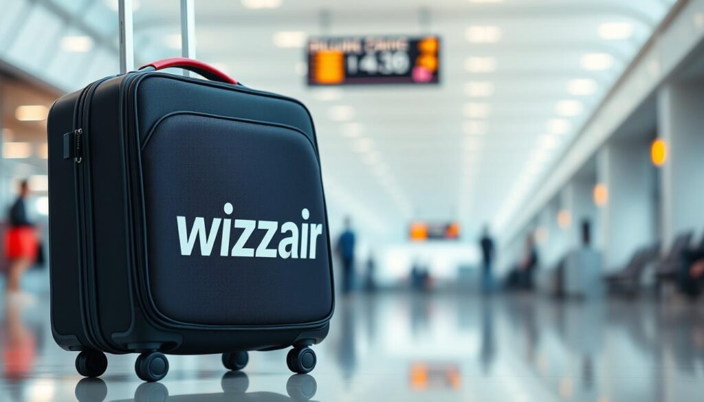 A modern, crisp image of a Wizzair cabin baggage in an airport setting. The luggage is captured in sharp focus, with a soft, blurred background of an airport terminal. The lighting is bright and natural, creating a clean, professional look. The angle is slightly elevated, giving a birds-eye view of the bag, showcasing its sleek design and Wizzair branding. The image conveys a sense of efficiency and travel, reflecting the practical nature of the Wizzair baggage policy. The overall mood is one of clarity and organization, suitable for use in an informative article about Wizzair's baggage allowance.