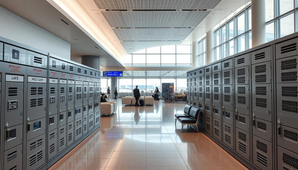 A modern, well-lit airport baggage storage facility, shot with an iPhone 16 Pro Max. The foreground features rows of secure lockers in a sleek, minimalist design, with clear signage directing travelers. The middle ground showcases a spacious, open-concept layout with high ceilings and ample seating areas. The background depicts the bustling airport environment, with people passing by and a view of the tarmac through large windows. The overall atmosphere conveys a sense of efficiency, convenience, and security for those storing their luggage. A modern, well-lit airport baggage storage facility, shot with an iPhone 16 Pro Max. The foreground features rows of secure lockers in a sleek, minimalist design, with clear signage directing travelers. The middle ground showcases a spacious, open-concept layout with high ceilings and ample seating areas. The background depicts the bustling airport environment, with people passing by and a view of the tarmac through large windows. The overall atmosphere conveys a sense of efficiency, convenience, and security for those storing their luggage.