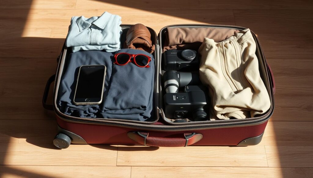 A neatly organized travel suitcase resting on a wooden surface, filled with various practical items such as folded clothing, essential toiletries, a smartphone, sunglasses, and a compact camera. The lighting is natural and warm, casting soft shadows that accentuate the textures and contents of the suitcase. The overall composition is clean and inviting, capturing the essence of packing for a journey with a sense of thoughtfulness and preparedness, as if photographed by an iPhone 16 Pro Max.