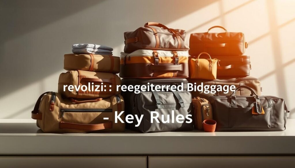 A neatly stacked assortment of travel bags, suitcases, and luggage pieces resting on a sleek, minimalist surface, captured in a well-lit, photographic style. The scene exudes a sense of organization and preparedness, with the bags showcasing various sizes, shapes, and textures, hinting at the diverse contents they may hold. Warm, natural lighting bathes the scene, casting subtle shadows and highlights that accentuate the materiality of the luggage. The image is framed to emphasize the central focus on the registered baggage, conveying a practical and informative tone suitable for the "Prevođić: Registered Baggage — Key Rules" section of the article.