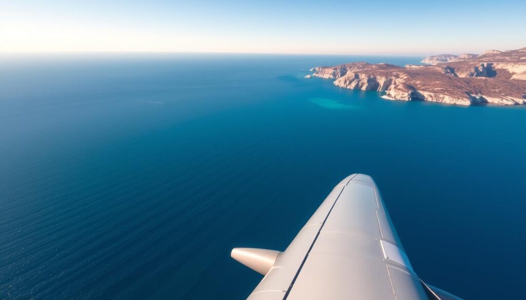 A picturesque aerial view of a tranquil Croatian coastline, captured on a crisp, clear day. The deep blue Adriatic Sea stretches out to the horizon, its gentle waves lapping against the rugged, sun-drenched cliffs. In the foreground, a sleek, modern commercial aircraft soars gracefully, its silver fuselage gleaming in the warm Mediterranean sunlight. The scene exudes a sense of effortless travel and the excitement of journeying to a cherished destination. The image evokes the anticipation and wonder of a flight to Croatia, showcasing the beauty that awaits the traveler.