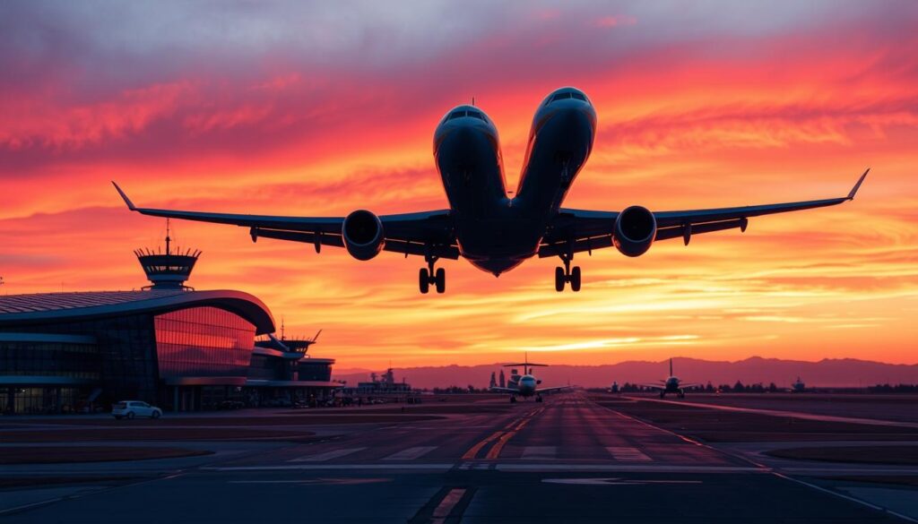A picturesque aerial view of an airport at sunset, the runway stretching out before a stunning orange and pink sky. In the foreground, a commercial airliner takes off, its engines roaring, the plane's silhouette sharp against the vibrant colors. The middle ground features the bustling terminal building, its glass facade reflecting the warm glow of the setting sun. In the background, the silhouettes of distant mountains create a breathtaking backdrop. The scene is captured with a crisp, high-resolution lens, highlighting the intricate details and the sense of motion and energy. This dynamic, visually striking image perfectly conveys the travel and transportation theme of the article.