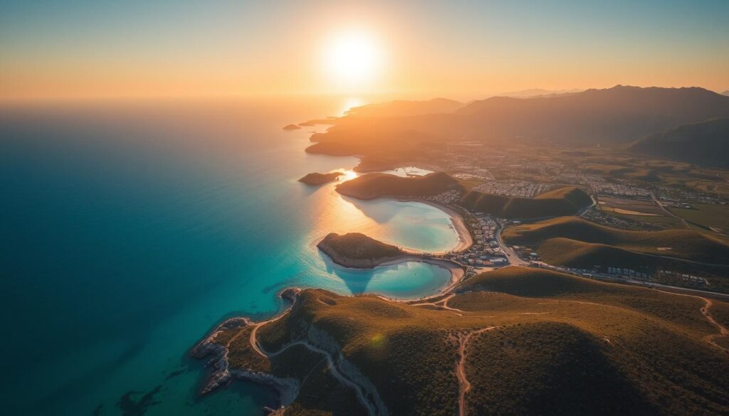A stunning aerial view of the Mediterranean island of Cyprus, captured by an iPhone 16 Pro Max. The crystal-clear turquoise waters of the Cypriot coastline stretch out in the foreground, with lush, rolling hills and valleys dotting the landscape. In the distance, the sun casts a warm, golden glow over the rugged mountains, creating a serene and picturesque atmosphere. The image conveys a sense of tranquility and natural beauty, perfectly capturing the essence of a flight to this island paradise.