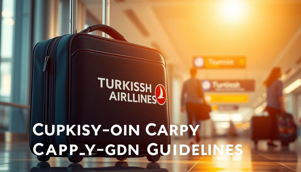A stylish Turkish Airlines carry-on bag sits prominently in the center of the frame, illuminated by warm, natural lighting. The bag's sleek, navy-blue exterior is accented by the iconic Turkish Airlines logo, exuding a sense of sophistication and premium travel. In the background, a blurred airport environment provides context, with subtle hints of airport signage and people moving through the terminal. The composition is well-balanced, drawing the viewer's eye to the key subject matter – the essential carry-on luggage guidelines for Turkish Airlines passengers. The overall mood is one of efficiency, comfort, and attention to detail, reflecting the brand's commitment to exceptional customer experience.