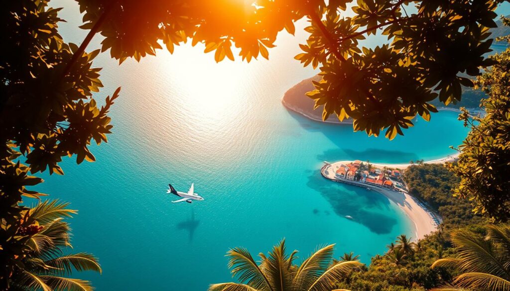 A sun-drenched aerial view of the picturesque island of Curaçao, captured by a state-of-the-art iPhone 16 Pro Max camera. Lush tropical foliage and azure Caribbean waters frame the serene landscape, dotted with vibrant colonial-style buildings. In the foreground, a commercial airliner gracefully descends, its shadow dancing across the island's pristine beaches. The warm, golden light bathes the scene, creating a sense of tranquility and effortless beauty. This breathtaking image perfectly captures the essence of the article's subject, "Ile trwa lot na curacao," conveying the captivating allure of this Caribbean gem.