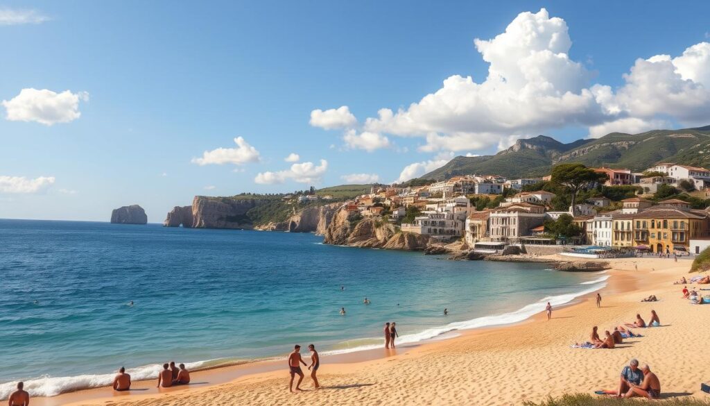 A sun-drenched coastal landscape along the Costa Brava, Spain. In the foreground, a group of people relaxing on the golden sandy beach, some swimming in the turquoise waters of the Mediterranean. In the middle ground, a picturesque seaside town with white-washed buildings and terracotta roofs, surrounded by lush, rolling hills. The background features dramatic cliffs and coves, with a clear blue sky dotted with fluffy white clouds. The scene is captured with a wide-angle lens, creating a sense of depth and immersion. The lighting is soft and natural, casting a warm, golden glow over the entire scene. The overall mood is one of tranquility, relaxation, and the pure enjoyment of the Mediterranean lifestyle.