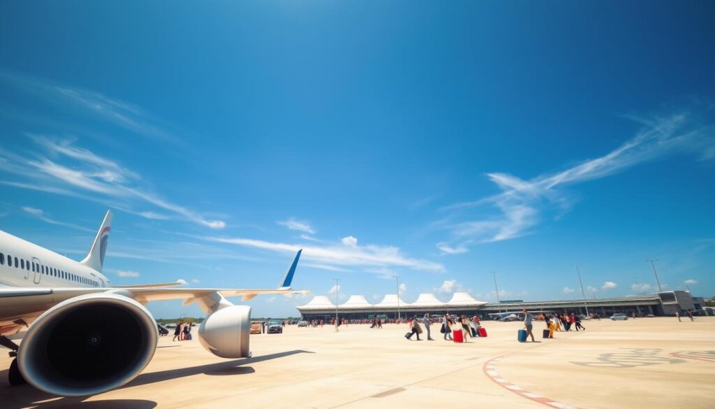 A sun-drenched tarmac at a modern airport, with a sleek commercial airliner in the foreground, its engines roaring to life as it prepares for takeoff. In the middle ground, a bustling terminal with passengers hurrying to their gates, their suitcases in tow. The background is a clear blue sky, punctuated by wispy cirrus clouds. The scene is captured with a crisp, high-resolution lens, showcasing the vibrant colors and dynamic energy of the departure process. The overall atmosphere conveys a sense of excitement and anticipation, perfectly capturing the essence of "Ile trwa lot do cancun" - the journey to the sun-kissed beaches of Cancun. A sun-drenched tarmac at a modern airport, with a sleek commercial airliner in the foreground, its engines roaring to life as it prepares for takeoff. In the middle ground, a bustling terminal with passengers hurrying to their gates, their suitcases in tow. The background is a clear blue sky, punctuated by wispy cirrus clouds. The scene is captured with a crisp, high-resolution lens, showcasing the vibrant colors and dynamic energy of the departure process. The overall atmosphere conveys a sense of excitement and anticipation, perfectly capturing the essence of "Ile trwa lot do cancun" - the journey to the sun-kissed beaches of Cancun.