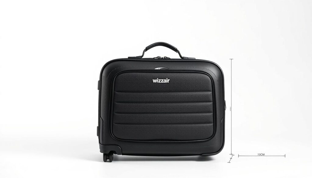Detailed high-resolution photograph of a black Wizzair hand luggage, shot with an iPhone 16 Pro Max. The luggage is positioned on a plain white background, allowing the intricate dimensions and textures to be clearly visible. The lighting is soft and even, accentuating the sleek design and subtle branding. The camera angle is slightly elevated, providing a comprehensive view of the bag's measurements and specifications. The image conveys a sense of simplicity and professionalism, suitable for illustrating the "Basic rules of Wizzair hand luggage" section in the article.
