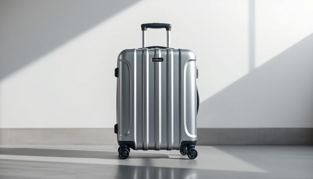Lufthansa bagaż podręczny: a sleek, modern carry-on bag captured in a sharp, detailed iPhone 16 Pro Max photograph. The bag sits centered in the frame, its metallic silver finish gleaming under soft, natural lighting. The background is a muted, neutral tone, allowing the luggage to be the focal point. The overall composition is clean and minimalist, highlighting the bag's premium design and functionality. The image conveys a sense of travel, efficiency, and the high-quality standards associated with the Lufthansa brand.
